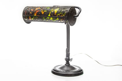 Fantastic antique Bronze Roll Top Desk Lamp, attributed to Handel, with beautiful filigreed shade