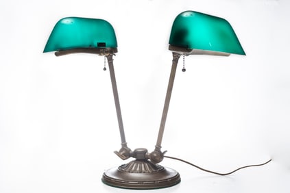 Antique double shade Partners Desk Lamp, circa 1920s, in fine original patina bronze finish. Both