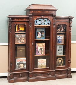 Most unique Walnut Victorian triple door Bookcase, circa 1880s, in original finish and condition,