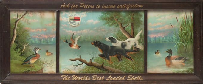 Very desirable triple panel, wooden framed Advertisement for Peters Shells with the slogan "The