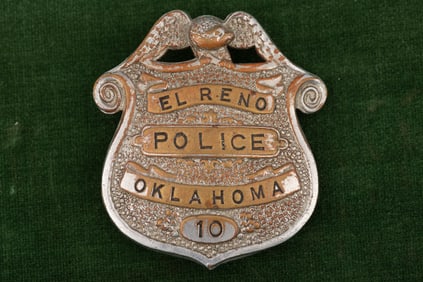 Vintage Shield Badge with eagle crest marked "El Reno Police/Oklahoma/10", showing some plating loss