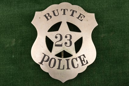 Vintage Shield Badge with cut out star marked "Butte/Police/23", believed to be Montana. Hallmark
