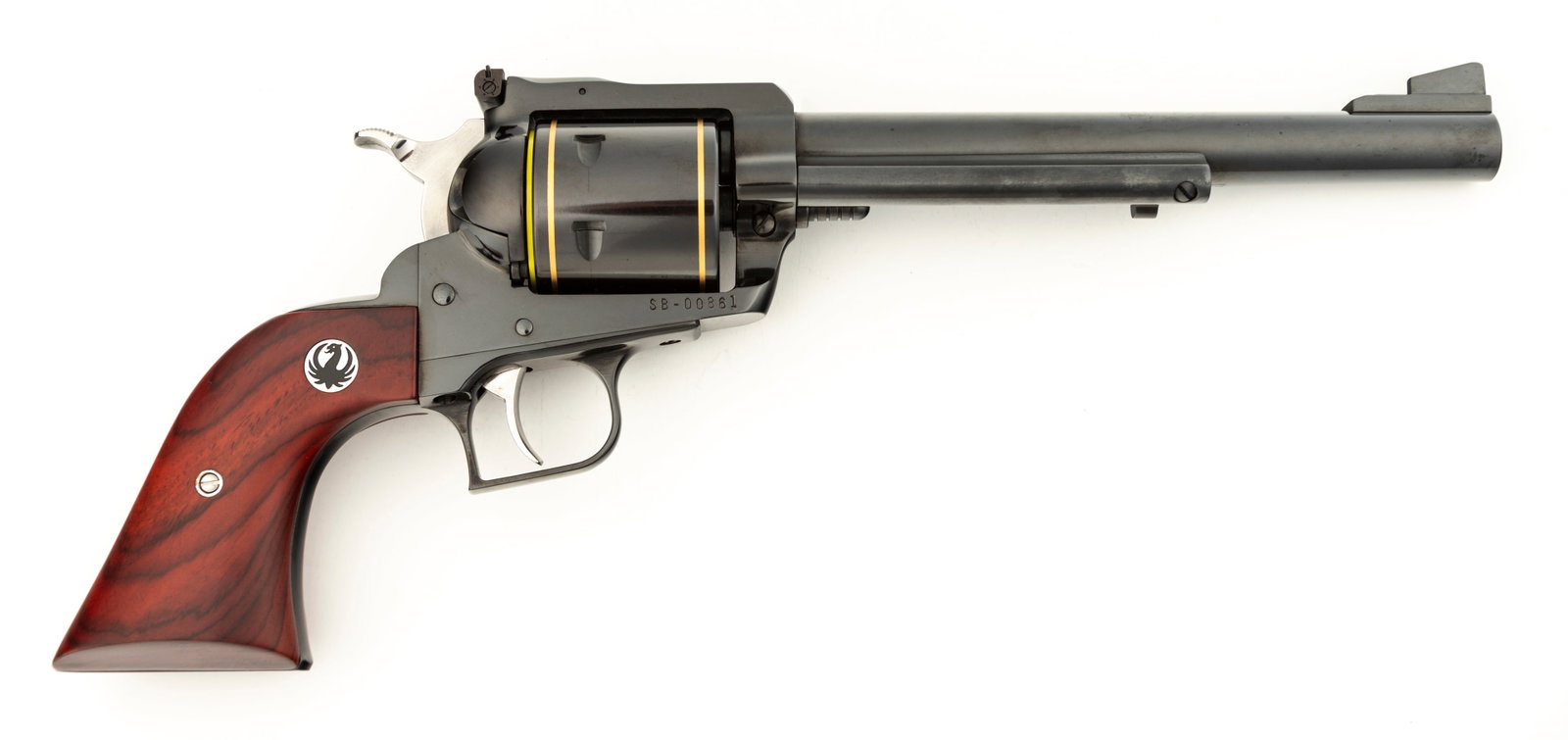 New in box, Super Blackhawk, 50th Anniversary 2009, SA Revolver, .44 Magnum caliber, SN SB-00861,: New in box, Super Blackhawk, 50th Anniversary 2009, SA Revolver, .44 Magnum caliber, SN SB-00861, pristine blue finish, 7 1/2" barrel with gold line on cylinder. Revolver is in original box with a can