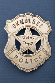 Very nice vintage Shield Badge with 5-point cut out star center, marked "Okmulgee Police/Night