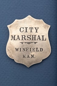 Fantastic vintage silver tone Shield Badge, marked "City Marshal/Winfield Kan.", great patina with
