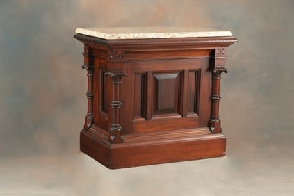 High quality Victorian walnut carved Pedestal with granite top, carved columns supporting top with