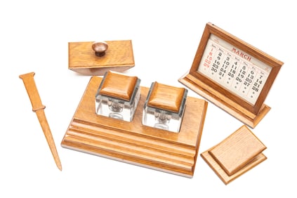 Unique vintage 7 piece, quarter sawn oak Desk Set, circa 1900, that includes a wooden framed