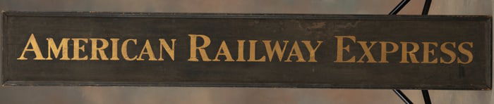 Large vintage wooden sign for "American Railway Express", with 3" to 4" gold letters, sign measures