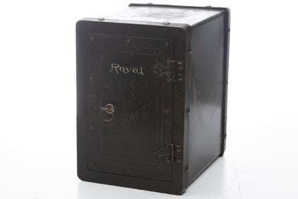 Small vintage Iron Safe with keyed front marked "Royal", in original paint with gold stenciling,