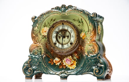 Beautiful antique China Mantle Clock, circa 1900, manufactured by Ansonia Clock Co., founded in