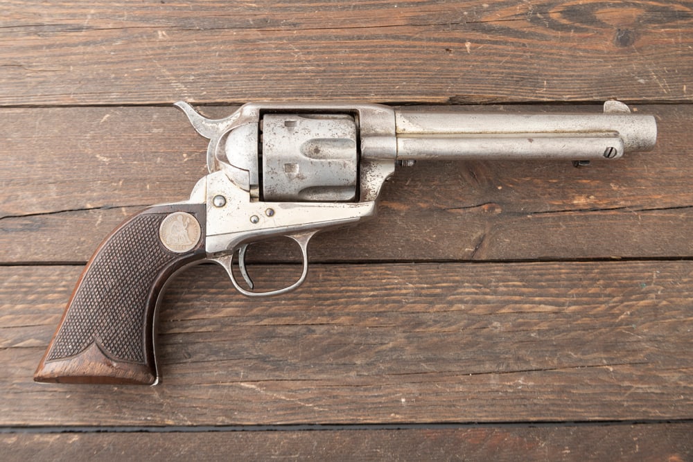 Antique Colt SAA Revolver, SN 99828. Colt Single Action Army, .45 caliber, 6-shot Revolver with a: Antique Colt SAA Revolver, SN 99828. Colt Single Action Army, .45 caliber, 6-shot Revolver with a 51/2” barrel, manufactured circa 1883. The serial numbers match on the frame, trigger guard and 