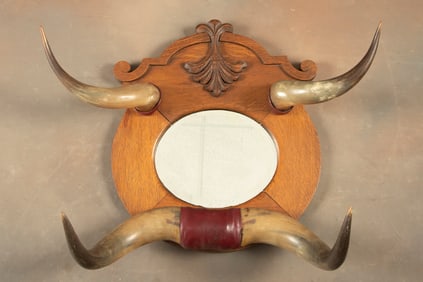 Outstanding Oak Hanging Wall Mirror, bunkhouse style with matching long horn hangers, circa 1900,