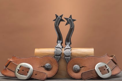 Pair of double mounted Spurs with engraved shield on each side of the heel band, attributed to