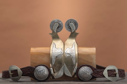 Pair of unique brass Spurs with engraved silver overlay by noted Oklahoma Bit & Spur Maker Jerry