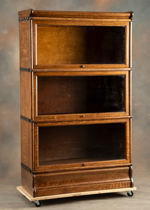 Fine antique quarter sawn oak, three stack Macey Lawyer Stacking Bookcase in the rare "E" model,: Fine antique quarter sawn oak, three stack Macey Lawyer Stacking Bookcase in the rare "E" model, with fancy base and bull nose top. One of the most desirable models because they were made for extra ta