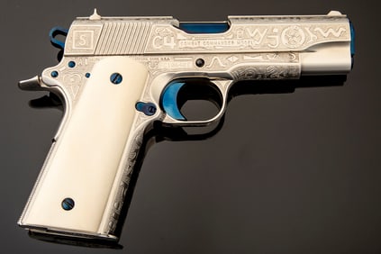 Extremely fine & pristine engraved Colt Combat Commander, semi-auto Pistol engraved by Texas Master