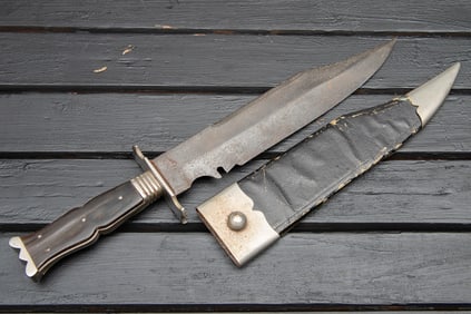 Large vintage clip point Bowie Knife with ricasso marked "Broomhead Thomas, Sheffield", with heavy