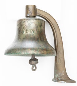 Heavy, solid bronze Bell with embossed letters "USN", complete with bronze hanger measuring 14 1/2"