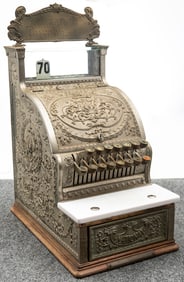 Very desirable brass National Cash Register, Model 313, in original nickel finish over brass,