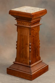 Antique walnut marble top Pedestal, circa 1890, in original estate condition, 13 1/2" sq. top x 33"