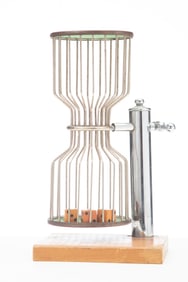 Vintage 3-Dice Chuck-a-Luck in nickel finish stand and cage, 12" T x 6 1/2" wooden base. HUTCHESON