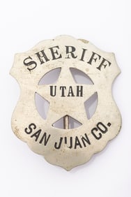 Vintage Shield Badge with cut out 5-point star marked "Sheriff / San Juan Co./ Utah". Badge has nice