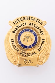 Vintage gold tone Shield Badge marked "Investigator / District Attorney / Atlanta Judicial Circuit /