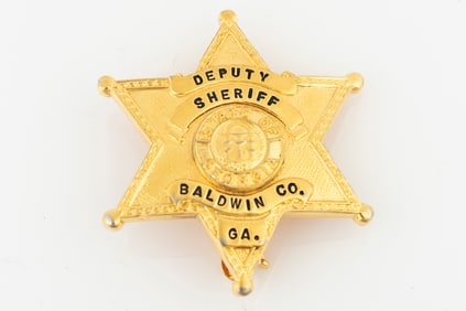 Small vintage "Deputy Sheriff/Baldwin Co./ Ga." marked 6-point Ball Star Badge. Gold tone badge