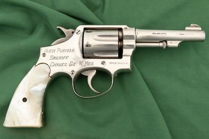 Lawman’s Smith & Wesson Revolver, HP 1905, SN 123708, nickel finish, pearl grips, inscribed. Smith