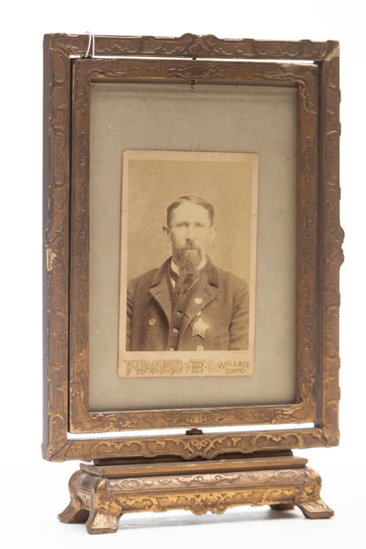 Most unusual and unique early Picture Frame, circa 1900-1920, frame has a center frame that swivels: Most unusual and unique early Picture Frame, circa 1900-1920, frame has a center frame that swivels with Cabinet Card of early Lawman wearing a 5-point star badge. Cabinet Card was produced by "F.N. B