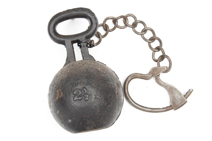 Early Prison Used Ball & Chain with embossed number "25", weighs approximately 35 pounds, with key.