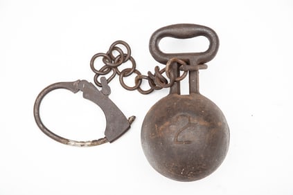 Early Prison Used Ball & Chain, ball has "2" embossed on front, weighs approximately 22 pounds, no