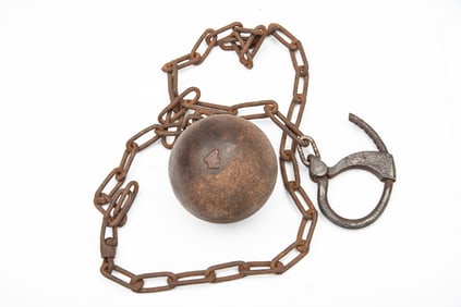 Early Prison Used Ball & Chain, "4" is embossed on ball, weighs approximately 22 pounds, chain is 6