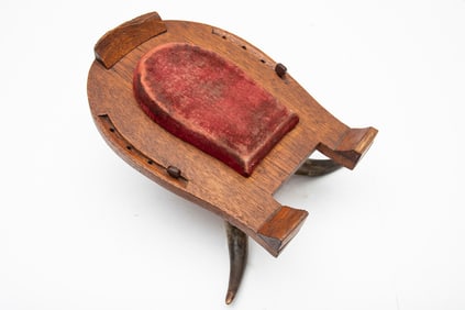 Antique oak and horn Foot Stool constructed of 3 vintage horns with nice yellow aged patina.