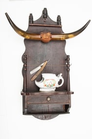Early Steer Horn and wooden wall hanging Shaving Rack, type used in the early bunk houses. Pair of