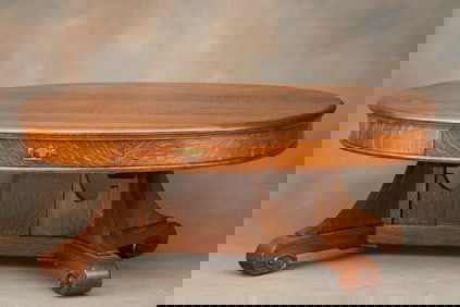 Extremely fine quarter sawn oak, antique oval Coffee Table with very desirable double drawer skirt,