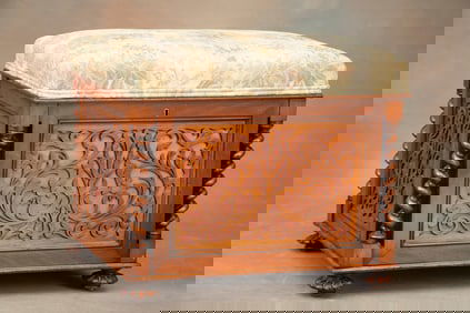 Outstanding and very ornate mahogany, lift top Footstool / Ottoman, circa 1900-1910, with beautiful