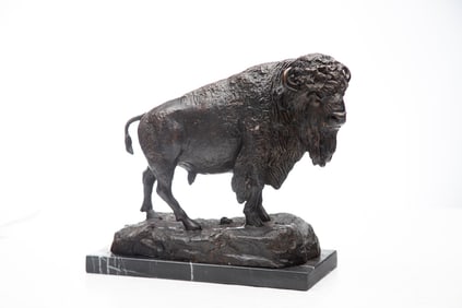 Bronze Bull Buffalo by artist Benje, Master of the Plains, great detail, mounted on marble base,