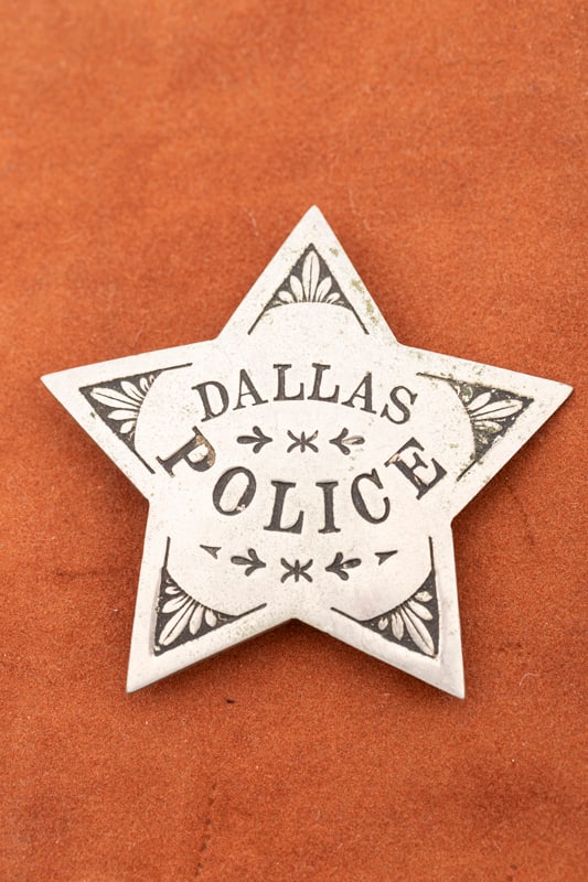 Decorated vintage 5-point Star Badge marked "Dallas Police" with black soft enamel. Great design: Decorated vintage 5-point Star Badge marked "Dallas Police" with black soft enamel. Great design with a spring pin and catch rectangular saddle plate, measures 2 5/8" T x 2 5/8" W, no hallmark. Estima