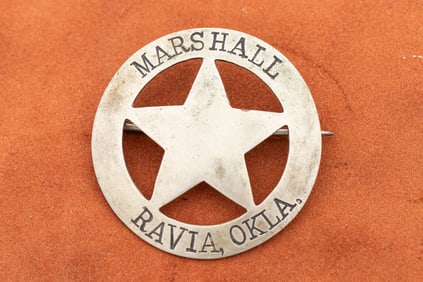 Nice old "Marshall Ravia / Okla." marked Circle Badge with 5-point cut out star center, hand stamped