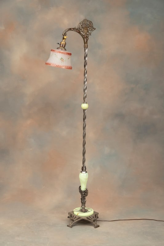 Beautiful antique Floor Lamp, circa 1920s, with fancy footed base and onyx spacers, original 7" dia.: Beautiful antique Floor Lamp, circa 1920s, with fancy footed base and onyx spacers, original 7" dia. hand painted floral bell shade, 59" T, professionally rewired.