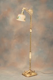 Fancy brass & onyx Floor Lamp with brass turkey foot base with a 7 1/2" dia. bell shade with birds,