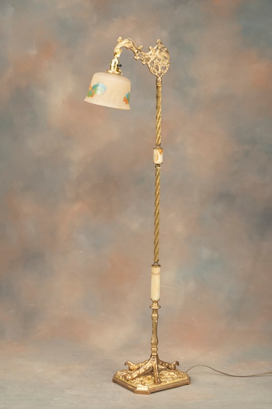 Fancy brass & onyx Floor Lamp with brass turkey foot base with a 7 1/2" dia. bell shade with birds,: Fancy brass & onyx Floor Lamp with brass turkey foot base with a 7 1/2" dia. bell shade with birds, 59" T, professionally rewired.