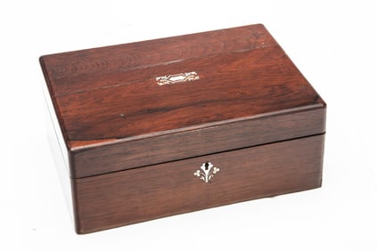 Early Rosewood Lap Desk, circa 1860s, measures 12" L x 8 1/4"W with mother of pearl inlay. When desk