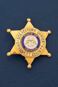 Vintage gold tone 6-point Ball Star Badge marked "Solicitors Office / Gwinnett County" with large
