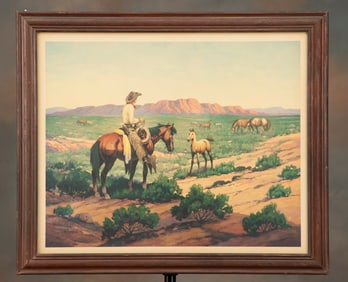 Framed color Print by noted Western Artist Till Goodan titled "Range Baby", in original frame that