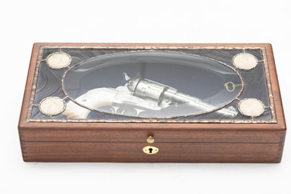 Fine custom beveled glass walnut Single Action Display Case, custom fitted for a 5 1/2" Colt SA. The