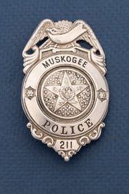 Beautiful vintage Shield Badge with eagle crest marked "Muskogee / Police / 211", with a greatly
