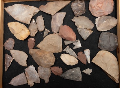 A collection of 30 pieces of Flint Points & Scrapers, sold in a glass front and wooden Display Case