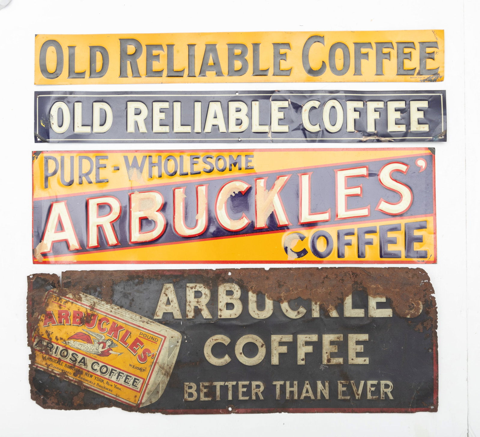 Four vintage Tin Advertising Signs to include: (1) Raised Lettered 3 color sign for "Arbuckle's: Four vintage Tin Advertising Signs to include: (1) Raised Lettered 3 color sign for "Arbuckle's Coffee", 5 1/2" x 19/ 1/2". (2) Two signs advertising "Old Reliable Coffee", measures 2 1/2" x 19 3/4". 